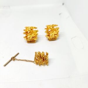 Vtg Swank Cuff Links Tie Tack Set Gold Tone Mesh Wrap Nugget MCM 70s Brutalist